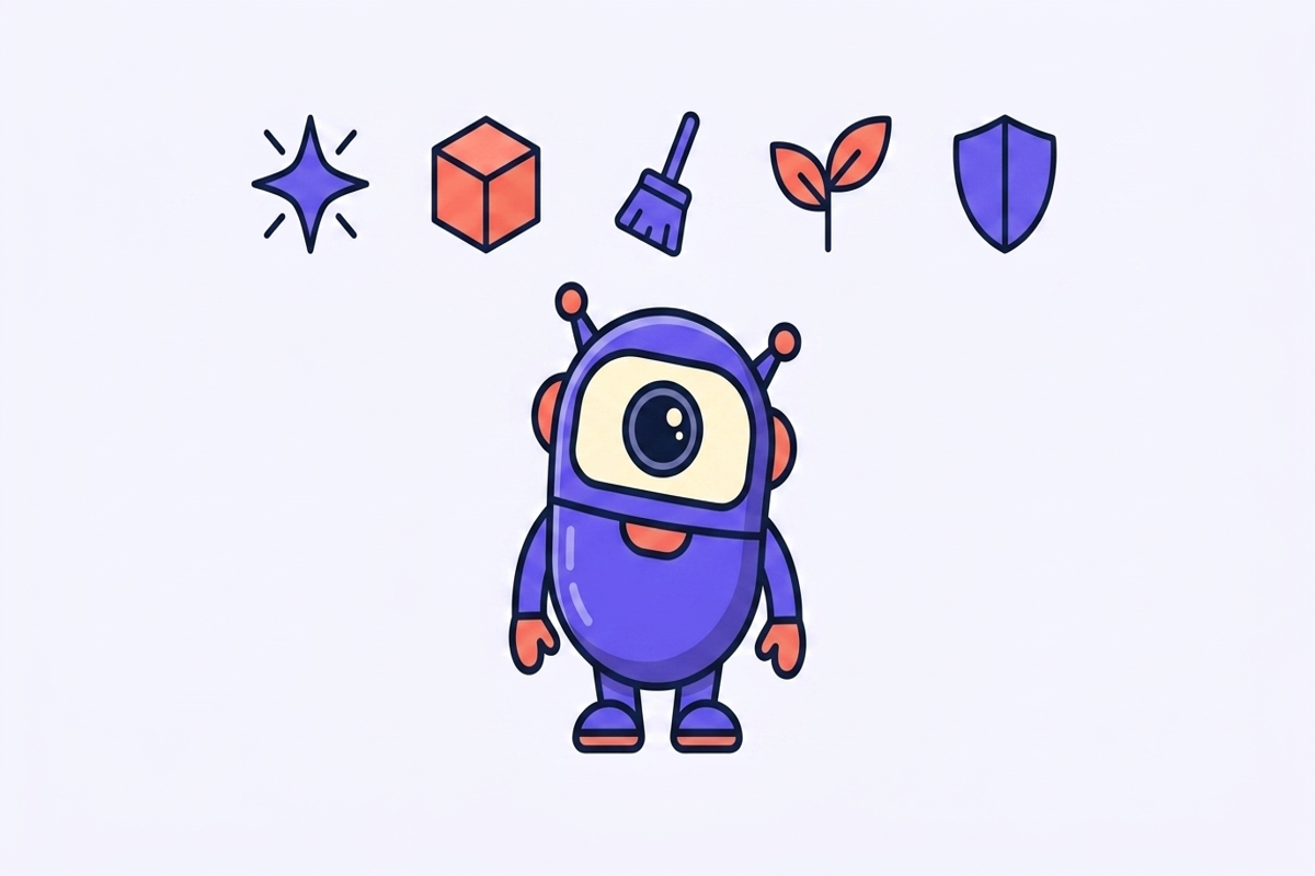 A friendly robot with five simple mode shapes floating above it, one for each archetype